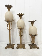 Vintage Genuine Ostrich Egg Candlestick Set 3 Gilt Metal Hollywood Regency MCM picture