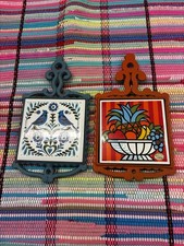 2-Vntg 70s Birds Fruit Cast Iron Trivet Tile Japan Enesco Cottage Kitchen MCM picture