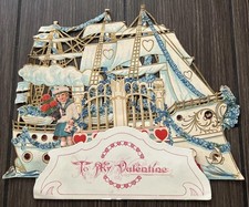 Antique Vintage VALENTINES DAY Ship Card Germany Diecut Mechanical Boy Girl Love picture