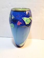Colorful Blue Green Hand Blown Art Glass Vase Large 11.5