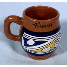 Vintage LA ARENA CHITRE Artist Panamanian Pottery Mug Brown Blue Yellow White picture