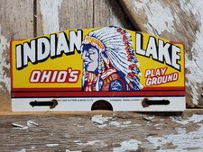 VINTAGE INDIAN LAKE PORCELAIN SIGN RARE OLD OHIO CAMPGROUND TAG TOPPER CABIN  picture
