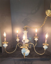 Vintage Porcelain Ceramic Brass 5 Arm Chandelier Light Lamp Fixture Candelabra picture