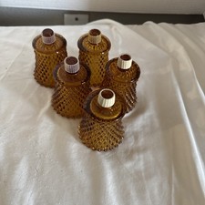 Amber Glass Diamond Point Votive Vtg Set 5 Indiana Glass Peg Cup Candle Holder  picture