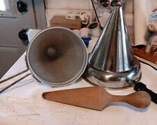 Vintage 2 Aluminum Canning Cone Strainers Sieves,  Wood Pestle picture