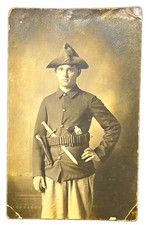 Antique RPPC Photo Postcard Armed Spanish American War Soldier Knives Ammo Belt  picture