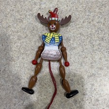 Vtg Wooden Jumping Jack Reindeer Christmas Large Ornament Toy Hand Painted picture