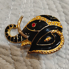 Vintage GERRY'S Signed Elephant Brooch Pin Art Deco Black Enamel Gold Tone Red E picture