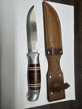 VTG BRUSLETTO GEILO NORWAY KNIFE STACKED LEATHER HANDLE w/SHEATH EXCELLENT picture