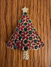Swarovski Signed Swan Logo Poinsettia Christmas Tree Pin Brooch picture