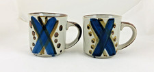 Set of 2 VINTAGE  OTAGIRI JAPAN STONEWARE MUGS GRAY & BROWN WITH BLUE X DESIGN picture
