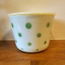 McKee Custard Cup Green Polka Dot Vintage with Lid White 11.5 cm Tall 16 cm Wide picture