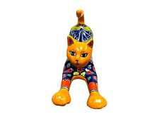 Talavera Cat Stretching Cute Folk Art Mexican Pottery Hand Painted Length 17.25
