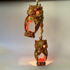 Vtg 1960-70s Ceramic Owl Lantern Macrame Swag Lamp Hanging Light MCM OOAK picture