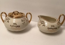 Vtg Creamer & Sugar Pearl China Company 50th Anniversary 22k Gold Trim Rare picture