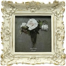 4x4 Vintage Small Picture Frame, Antique Ornate 4x4, White with Gold picture