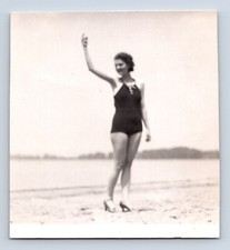 2 Vintage Photographs Dreamy Portrait Woman Posed on Beach Swimming Suit & Heels picture