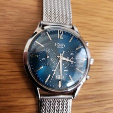 HENRY LONDON Chronograph Quartz Watch 40mm Blue Dial Silver Bracelet Used Workin picture
