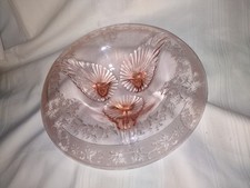 Antique Vintage Etched Pink Depression Glass 3 Footed Console Bowl Rolled Rim  picture