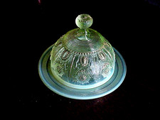 VINTAGE NORTHWOOD JEWEL & FLOWER OPALESCENT VASELINE COVERED BUTTER DISH URANIUM picture