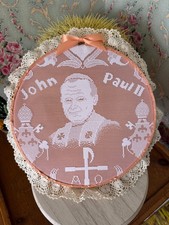 Vintage Handmade Pope John Paul II Needlepoint, Pink & Lace, 13