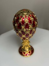 Vintage Crimson Red and Gold Fabergé-Style Jeweled Egg Trinket Box picture