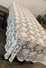 Hand Crochet Tablecloth Vintage Lace Floral Handmade 100% Cotton 100”X70” Inches picture