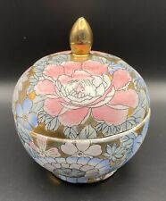 WBI China Gold Pink Blue Lotus Flower Floral Lidded Jar Dish 5.5