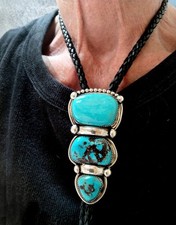 NAVAJO BOLO NECKLACE Sleeping Beauty Morenci Turquoise Tips Thick Black Leather  picture