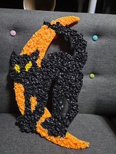 Vtg 70s Melted Plastic Popcorn Halloween Decoration Black Cat on Crescent Moon picture