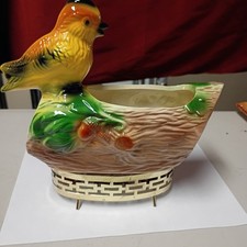 Vintage Maddox Yellow Bird Perched On A Log Planter With Gold Stand picture