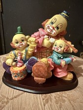 Vtg Circus Clowns Musicians Trio Figurine Wood Base Hand Painted Resin 6”x6” picture