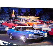 1983 American Classic Cars Cruise Night Diner Scene Poster - American Vehicles picture