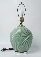 Vintage Anchor Hocking Art Deco Revival Draped Ribbed Green Glass Table Lamp 23