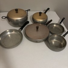 Vintage 6 Piece Set Wear-Ever Aluminum Saucepans w/2 Copper Lids Made in USA picture