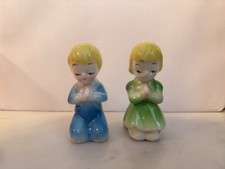 Hand Painted Glossy Ceramic Praying Boy & Girl Figurines Set of 2 Blue Green 34 picture