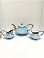 Vtg Pearl China Co Tiffany Blue Teapot Sugar and Creamer 22K Gold USA  Pls read picture