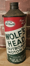 VINTAGE WOLFS HEAD CONE TOP OUTBOARD MOTOR OIL CAN - RARE picture