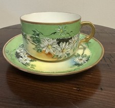 Antique C.T. Germany Hand Painted Teacup & Saucer Gold Trim Yellow Green Floral picture