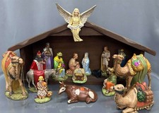 COMPLETE 1970'S 18pc HOLLAND CERAMIC MOLD NATIVITY SET WITH BACKDROP picture