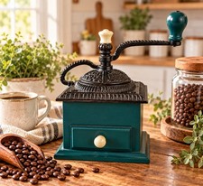 Vintage Upper Deck Manual Coffee Grinder Hand Crank Green Wood Drawer Working picture