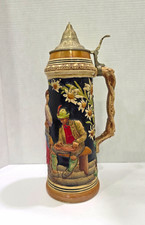 VTG German Beer Stein 13” Pewter Lid Raised Relief Bavarian Edelweiss Germany picture