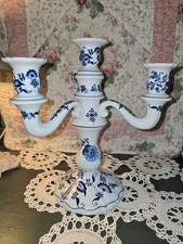 Rare Vintage Blue Danube Porcelain 4-Light Candelabra - Blue Onion Pattern, 3pc picture
