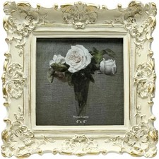 4x4 Vintage Small Picture Frame, Antique Ornate 4x4, White with Gold picture