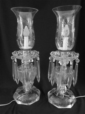 Vintage Pair Glass Hurricane Lamps 10 Crystal Prisms ea. Floral Design 18¾” EUC picture