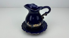 Vintage 1980s Cobalt Blue Peacock Mini Pitcher and Basin Bowl Set Gold Trim Taiw picture