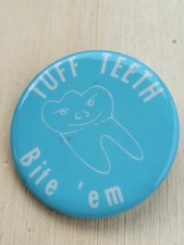 Vintage Colgate Tuffy Tooth Button Pin Tuff Teeth Bite 'em Blue White 1969 picture