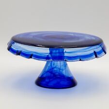 Cobalt Blue Swirl Bormioli Inspired Cake Pedestal Stand Ruffled Edge 8.25”x4.5” picture