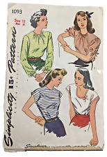 1944 Simplicity Sewing Pattern 1093 Womens Blouses 4 Styles Sz 13 Vintage  2030 picture
