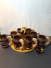 vintage 1960s Siesta Ware Cowboy / Chuckwagon amber glass mug set wooden handles picture